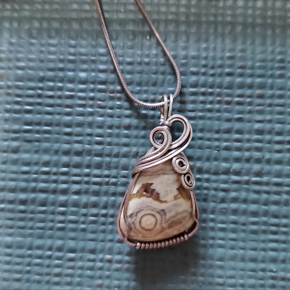 Boho Earthy Brown and Tan Picture Jasper Pendant Necklace in Twisted Silver, 10"